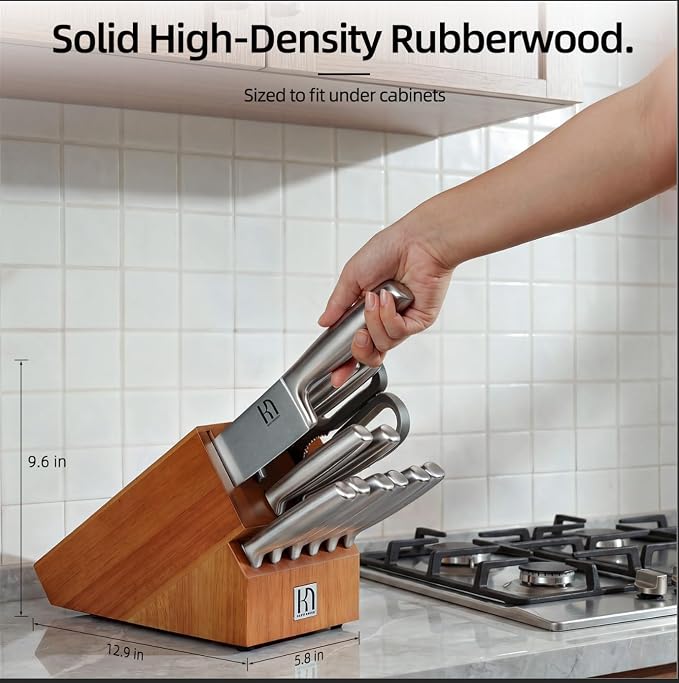 KnifeSaga Kitchen Knife Set with Block and Detachable 2-Stage Sharpener | 14-Piece Premium High Carbon Stainless Steel Knives with Ergonomic Anti-Slip Handle, Rubberwood Knife Block