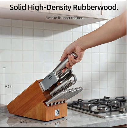 KnifeSaga Kitchen Knife Set with Block and Detachable 2-Stage Sharpener | 14-Piece Premium High Carbon Stainless Steel Knives with Ergonomic Anti-Slip Handle, Rubberwood Knife Block