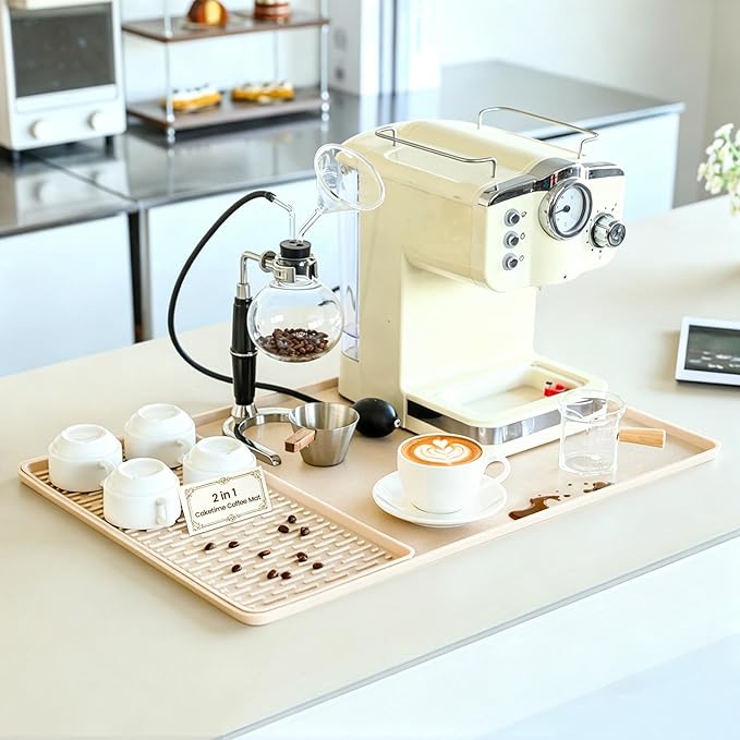 Caketime 2 In 1 Silicone Coffee Bar Mat Accessories for espresso Machine with Detachable Dish Drying Rug Waterproof Kitchen Office House Gadgets Under Sink Drainer Supplies 16"x24" Extra Large Beige