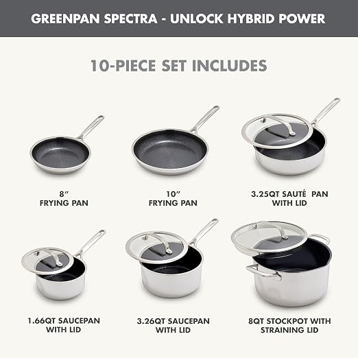 GreenPan Spectra 10 Piece Cookware Set,Hybrid Tri-Ply Stainless Steel, PFAS-Free Ceramic Nonstick Textured Cooking Surface,Induction Pots & Pans with Lids, Dishwasher Safe,Oven & Broiler Temp to 850˚F