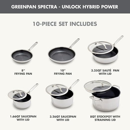 GreenPan Spectra 10 Piece Cookware Set,Hybrid Tri-Ply Stainless Steel, PFAS-Free Ceramic Nonstick Textured Cooking Surface,Induction Pots & Pans with Lids, Dishwasher Safe,Oven & Broiler Temp to 850˚F