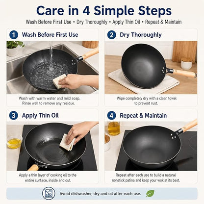 WANGYUANJI 12.6 Inch Carbon Steel Wok Pan with Glass Lid and Spatula, Nitrided Flat Bottom Wok Set, Uncoated Stir Fry Pan for 2-4 Servings, Gas, Electric, Ceramic and Induction Cooktops