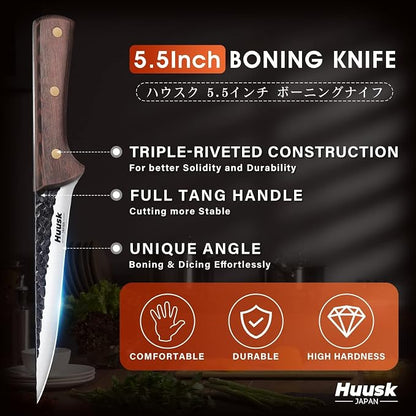 Huusk Boning Knife for Meat Cutting 5.5 Inch, Japanese Trimming Knife with Sheath, Sharp Fish Fillet Knives, Outdoor Hunting Knives, Gift for Men and Women