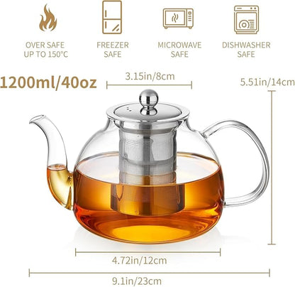 DOPUDO 24 Pack 40OZ (1200ML) Glass Teapot with Infuser Stovetop Safe, Clear Glass Tea Pot Kettle, Borosilicate Tea Pot with Infusers Filter for Loose Tea, Tea Kettle Dishwasher Safe