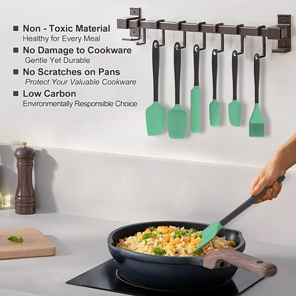 Silicone Spatula Set, 6 Pieces Food Grade Kitchen Utensils with Silicone Brush Heat Resistant Dishwasher Safe BPA-free Rubber Spatula for Scraping, Baking, Cooking, Mixing (Aqua Green)