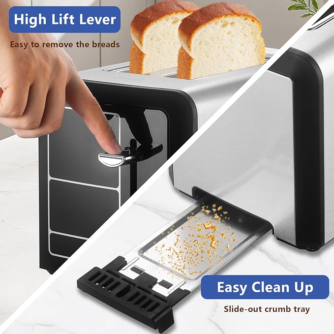 SAKAMOSH 2 Slice Touch Screen Toaster 1.3" Wide Slots for Bagels, Smart Digital Display Toaster with 6 Browning Levels & 6 Bread Types, Memory, Defrost, Reheat, Stainless Steel, 800W
