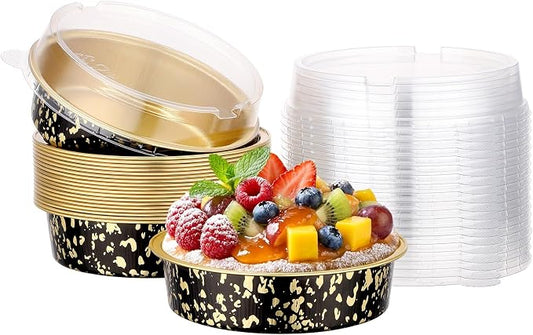 Beasea 7.3oz Cheesecake Pan with Lids, 20 Pack 4 Inch Round Aluminum Foil Disposable Tart Tins, Cupcake Container with Lids Mini Pie Tart Pans Baking Cups For Pizza Quiche - Black Gold Speckles