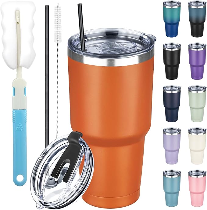 30 oz Tumbler with Lids and Straws, Stainless Steel Insulated Coffee Tumbler, Double Wall Vacuum Insulated Travel Mug Cup, Leakproof Thermal Coffee Cup for Hot and Cold Drinks (Orange)
