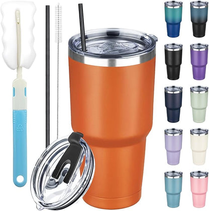 30 oz Tumbler with Lids and Straws, Stainless Steel Insulated Coffee Tumbler, Double Wall Vacuum Insulated Travel Mug Cup, Leakproof Thermal Coffee Cup for Hot and Cold Drinks (Orange)