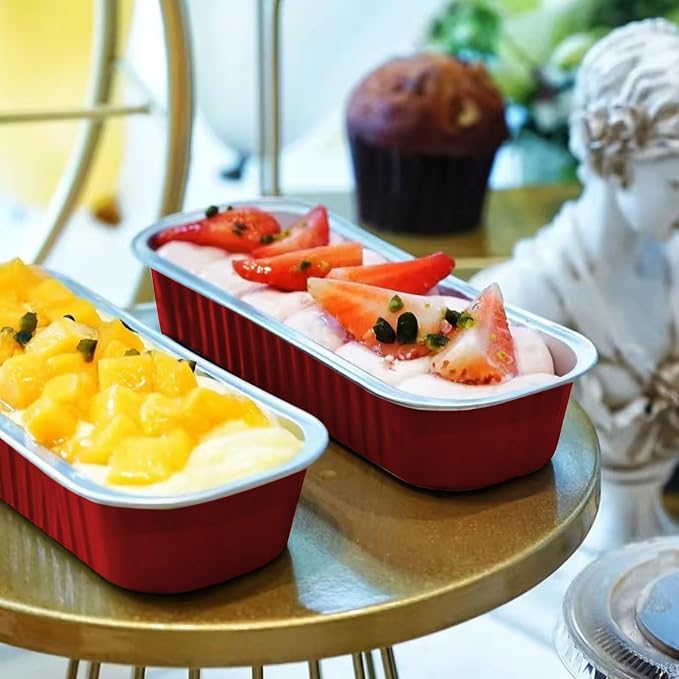 Mini Cake Pans With Lids And Spoons 50 Pack,6.8 oz Rectangle Mini Loaf Pans Disposable Aluminum Foil Baking Cups Muffin Tins - Pink (50, red)