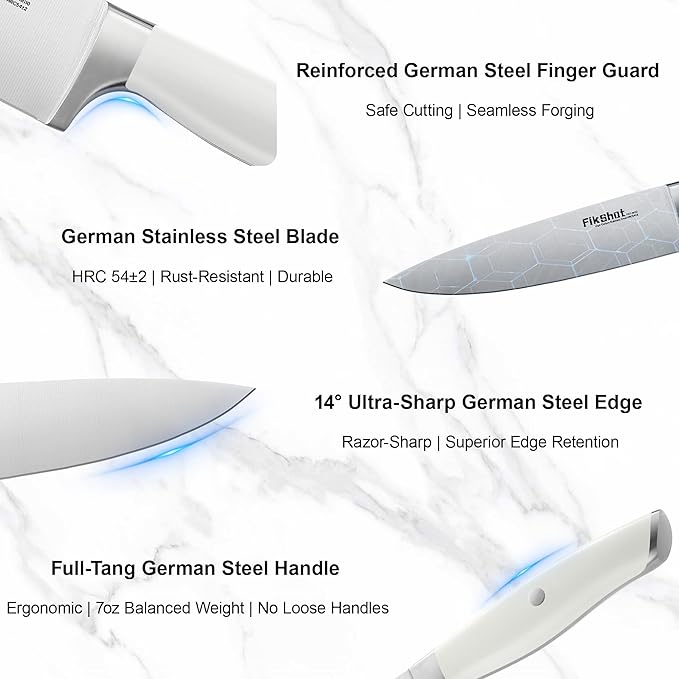 Fikshot 14-Piece Knife Set – German High Carbon Stainless Steel, Professional Chef Knives with Block & Sharpener, Elegant White, Dishwasher-Safe, Modern Kitchens, Ideal Gift for Chef & Father's Day