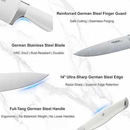 Fikshot 14-Piece Knife Set – German High Carbon Stainless Steel, Professional Chef Knives with Block & Sharpener, Elegant White, Dishwasher-Safe, Modern Kitchens, Ideal Gift for Chef & Father's Day