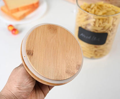Le'raze 1 Gallon Glass Canister Set for Kitchen Counter with Airtight Bamboo Lids + Marker & Labels - of 2 Large Cookie Jars Wooden Lid, Food Storage Containers Pantry, Flour, Sugar, Pasta, Candy,