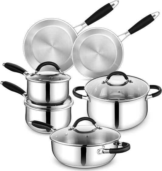E-far Stainless Steel Cookware Set - Induction Tri-Ply Base Pots and Pans, 10-Piece Non-Toxic Kitchen Cooking Set w/Stay-Cool Handle, Frying Pans, Saucepans, Stockpot with lid, Oven & Dishwasher Safe