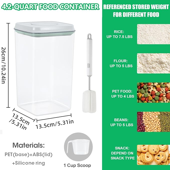 TBMAXS Airtight Flour Rice Storage Container with Pop-up Lid - 4.2 Qt Crystal-Clear Plastic Spaghetti Container, Tall and Slim Food Storage Bin Fit for Kitchen Pantry Organization