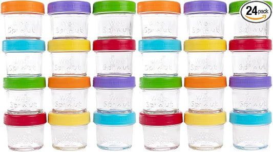 WeeSprout Baby Food Storage Glass Jars w/Lids (4 oz, 24 Pack) Bright Variety, Snack, Reusable Small Containers, Fridge or Freezer, Microwave & Dishwasher Safe, Essentials for Infants