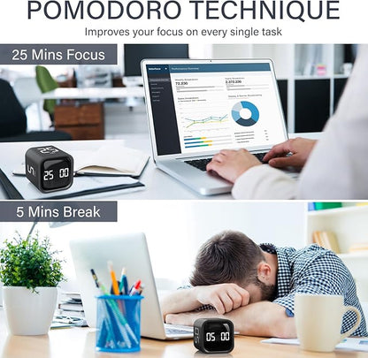 Rotating Pomodoro Timer 5, 25, 10 50 Minutes Preset, Desk Productivity Timer w/Gra vity Sensor, ADHD Tool Cube Countdown, Custom Modes, for Work, Study, Back to School, Kitchen, Black, 2 Pack