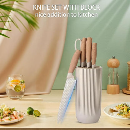 Knife Set, 6 Pieces Professional Kitchen Knife Set with Universal Knife Block, Super Sharp Knife Block Set with Ergonomic Handle Non-stick Stainless Steel Knife Block Set (Khaki)