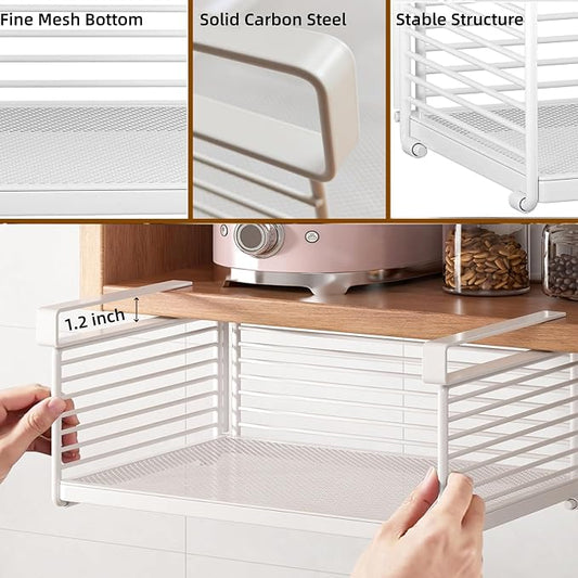 Under Shelf Storage Basket, Metal Wire Slide -in Under Cabinet Organizer, Space-Saving Hanging Organizer for Kitchen, Pantry, Office, Closet, White, 1 Pack(12.2")