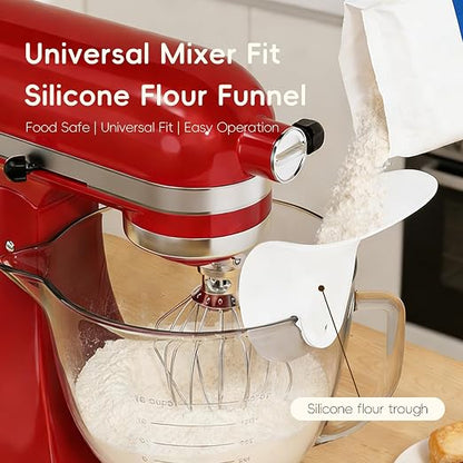 Flour Funnel for Kitchen Aid Mixer | Food-Grade Silicone Pouring Shield for KitchenAid Mixer | Hands-Free Clip-On Accessory for Baking, Fits All Standmixers, Space-Saving Design（White）