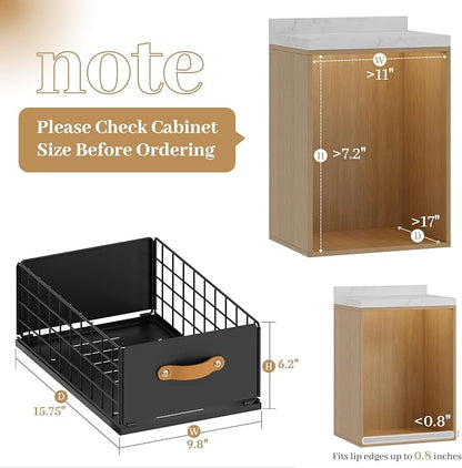 Pull Out Cabinet Organizer, No-Drill Pantry Drawers, Slide Out Shelves with Bamboo Risers for Lipped Cabinets,Ideal for Kitchen, Bathroom & Under Sink Storage (Black, 9.8" Wide-15.7" Deep)