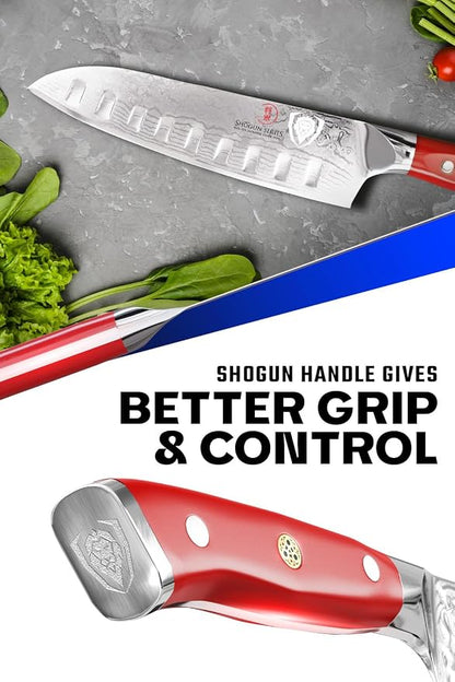 Dalstrong Santoku Knife - 7 inch - Shogun Series - Damascus - Japanese AUS-10V Super Steel Kitchen Knife - Vacuum Treated - Crimson Red ABS Handle - Razor Sharp Vegetable Knife - w/Sheath