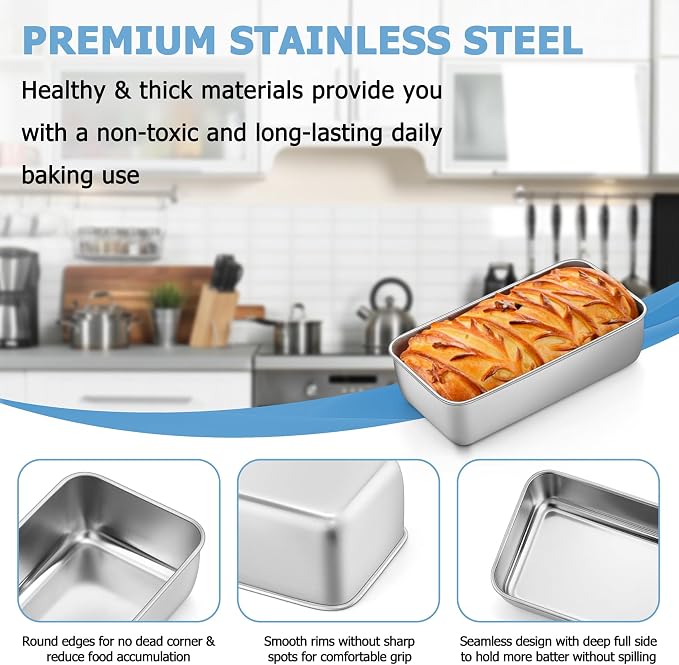 TeamFar Loaf Pan, 9¼" × 5" Bread Loaf Pans Meatloaf Pan Stainless Steel for Baking Bread Cake Lasagna, Healthy & Durable, Oven & Dishwasher Safe - Set of 4