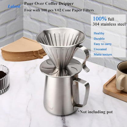 Lalord Pour Over Coffee Maker, 304 Stainless Steel wIth 100 pcs Size 02 Paper Filters (Coffee Dripper)