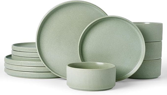 Famiware Star 12-Piece Stoneware Dinnerware Sets, Service for 4 - Handcrafted Reactive Glaze Plates and Bowls, Modern Rustic Dishes, Chip/Scratch Resistant, Microwave/Dishwasher Safe, Matte Sage Green