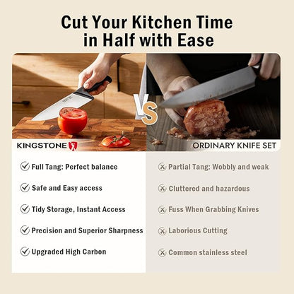 KINGSTONE 14-Piece Kitchen Knife Set with Block, High-Carbon Stainless Steel Knives Set, Ergonomic Non-Slip Handle, Professional Knife Set for Kitchen for Home Cooking & Gifting, Natural