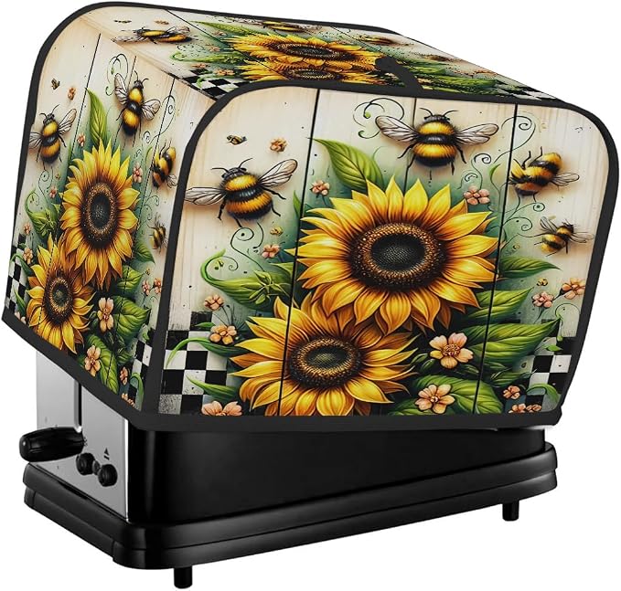 4 Slice Sunflower Wood Bee Toaster Cover Waterproof Dust Fingerprint Bread Machine Cover Washable Kitchen Appliance Protector For Home Kitchen Bakeware Table Decor Women Gifts