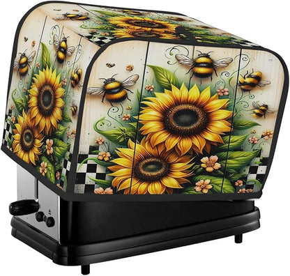 4 Slice Sunflower Wood Bee Toaster Cover Waterproof Dust Fingerprint Bread Machine Cover Washable Kitchen Appliance Protector For Home Kitchen Bakeware Table Decor Women Gifts