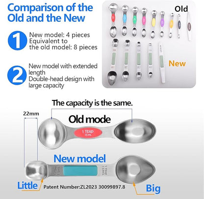 Stainless Steel Magnetic Measuring Spoons Set, Heavy Duty Metal Kitchen Gadgets for Baking & Cooking, Fits in Most Kitchen Spice Jars, Set of 4 with Leveler (Multicolor)