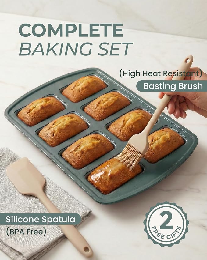 CARTMAN 2-Pack 8-Cavity Mini Loaf Pans Set with Spatula & Brush – 15.5” x 10” Nonstick Carbon Steel Small Bread Pan for Banana Bread, Meatloaf & Keto Snacks Sage Green