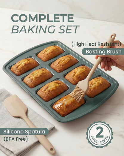 CARTMAN 2-Pack 8-Cavity Mini Loaf Pans Set with Spatula & Brush – 15.5” x 10” Nonstick Carbon Steel Small Bread Pan for Banana Bread, Meatloaf & Keto Snacks Sage Green
