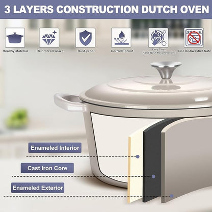 TeamFar Dutch Oven, 6QT Enameled Cast Iron Dutch Oven Cooking Pot with Lid & Dual Handles, for Bread Baking Braising Stewing, Heavy Duty & Non Stick, Oven & All Stovetops Safe - Khaki