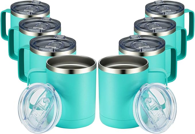 MEWAY 12oz Coffee Mug With Handle 8 Pack Bulk,Stainless Steel Insulated Travel Tumblers With Sliding Lid,Double Wall Vacuum Camping Cup for Hot & Cold Drinks Tea (Light Green,Set of 8)
