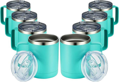 MEWAY 12oz Coffee Mug With Handle 8 Pack Bulk,Stainless Steel Insulated Travel Tumblers With Sliding Lid,Double Wall Vacuum Camping Cup for Hot & Cold Drinks Tea (Light Green,Set of 8)