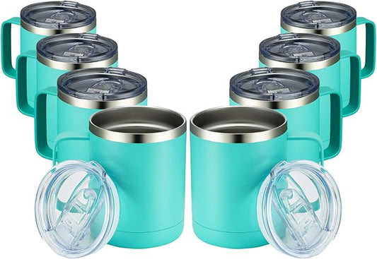 MEWAY 12oz Coffee Mug With Handle 8 Pack Bulk,Stainless Steel Insulated Travel Tumblers With Sliding Lid,Double Wall Vacuum Camping Cup for Hot & Cold Drinks Tea (Light Green,Set of 8)