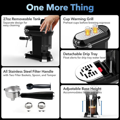 HBN 20Bar Compact Espresso Machine with Milk Frother, 27oz Removable Water Tank for Small Spaces, Fast Heat-Up Home Coffee Maker for Latte, Cappuccino, Americano