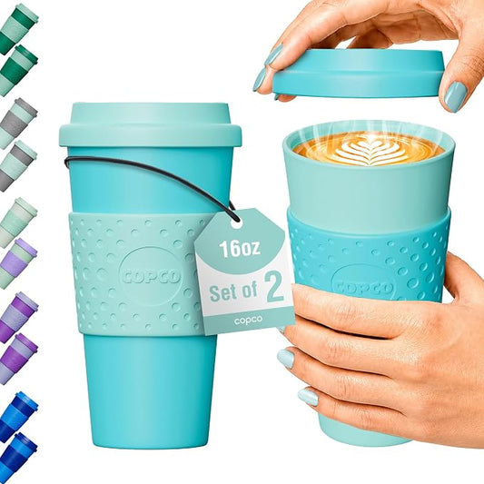 Copco Acadia 16oz Travel Mug with Lid, Set of 2 Double Wall Insulated Tumbler, Non-Slip Sleeve and BPA-Free - Microwave & Dishwasher Safe, Reusable Plastic To Go Travel Coffee Mug (Aqua/Mint)