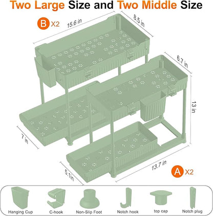 Sevenblue Under Sink Organizer, Bathroom Organizers and Storage, 2 Tier Multi-Use Pull Out Cabinet Organizer with Hang Hooks and Cups (Green, 4 Pack)