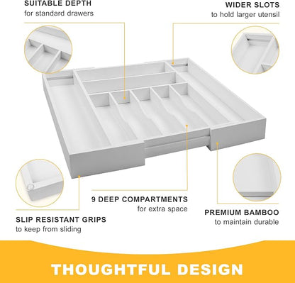 Large Premium Bamboo Silverware Organizer - Expandable Drawer Organizer & Utensil Organizer - 17"x19.7" Cutlery Tray with Dividers for Kitchen Utensils and Flatware (7-9 Slots) (White)