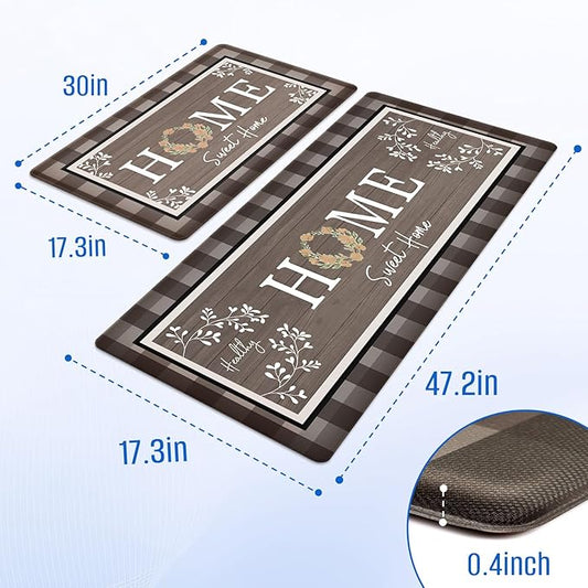 Kitchen Rugs, 2 PCS Kitchen Mats for Floor, Cushioned Non-Slip Anti Fatigue Mats for Kitchen Floor, Kitchen Runner for Standing Desk, Office, Laundry(17.3’’x 30’’+ 17.3’’x 47.2’’, Brown)