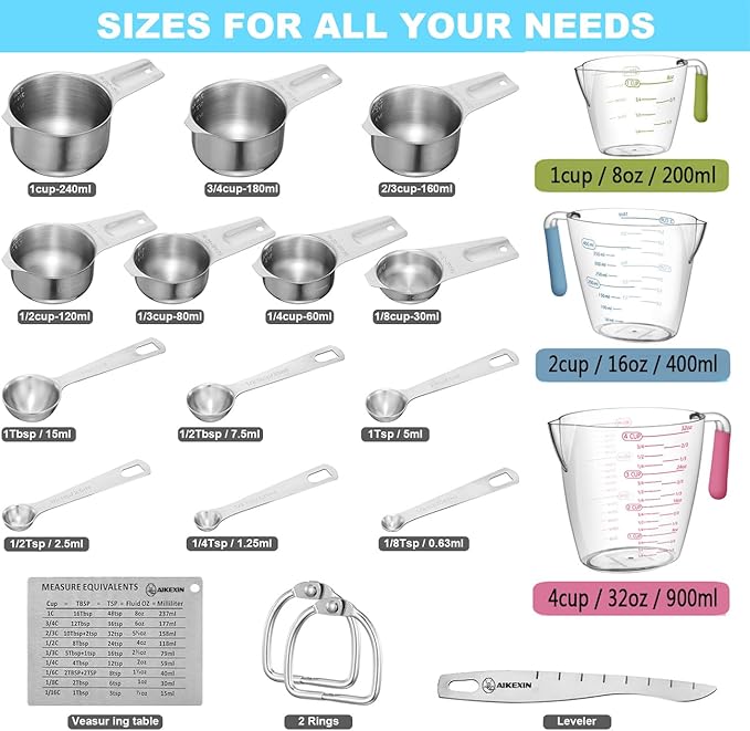 AIKEXIN 20 PCS Measuring Cups & Spoons Set, for Cooking & Baking Gadgets | 18/10 Stainless Steel Metal, Nesting Stackable Design, Dry & Liquid, Plastic Liquids, Leveler Conversion Chart