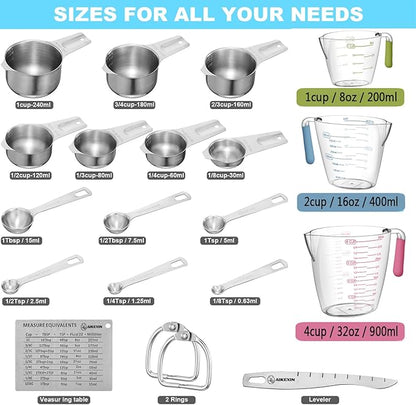 AIKEXIN 20 PCS Measuring Cups & Spoons Set, for Cooking & Baking Gadgets | 18/10 Stainless Steel Metal, Nesting Stackable Design, Dry & Liquid, Plastic Liquids, Leveler Conversion Chart