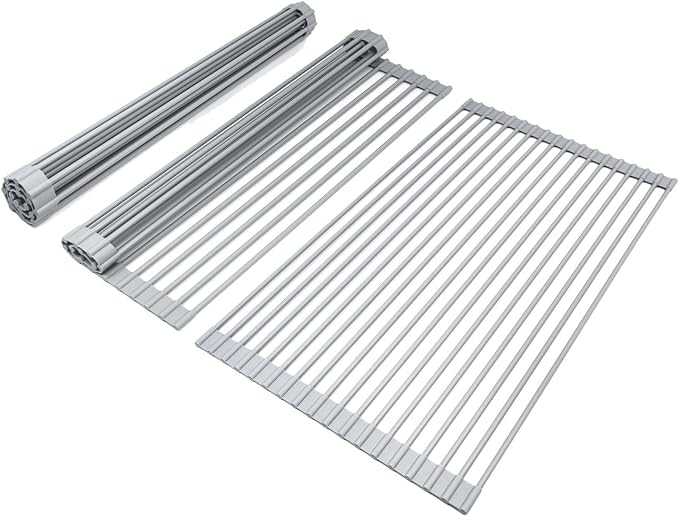Sorbus Roll-Up Dish Drying Rack [Large 20.5'' X 13"] Over The Sink Drying Mat,- Multipurpose Dish Drainer - Fruits and Vegetable Rinser - Durable Silicone Covered Stainless Steel (Warm Gray)