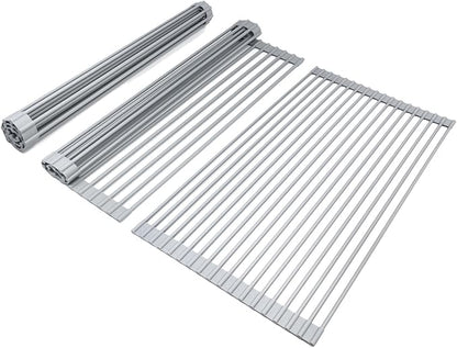 Sorbus Roll-Up Dish Drying Rack [Large 20.5'' X 13"] Over The Sink Drying Mat,- Multipurpose Dish Drainer - Fruits and Vegetable Rinser - Durable Silicone Covered Stainless Steel (Warm Gray)