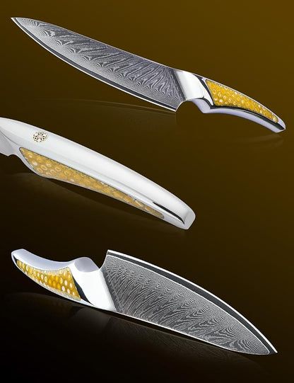 5 inch Utility Knife, Japanese VG-10 Damascus Steel Kitchen Knife, Ultra Sharp Fruit Knife with Full-tang Handle in Yellow Resin, LA-S9 Series