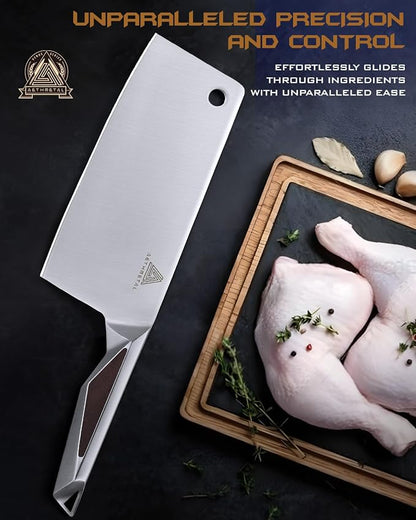 7" Meat Cleaver Knife, Full Tang High-Carbon Stainless Steel Kitchen Cleaver for Chopping Meat, Pork, and Bones, Ergonomic Metal Handle, Professional Chef Butcher Knife